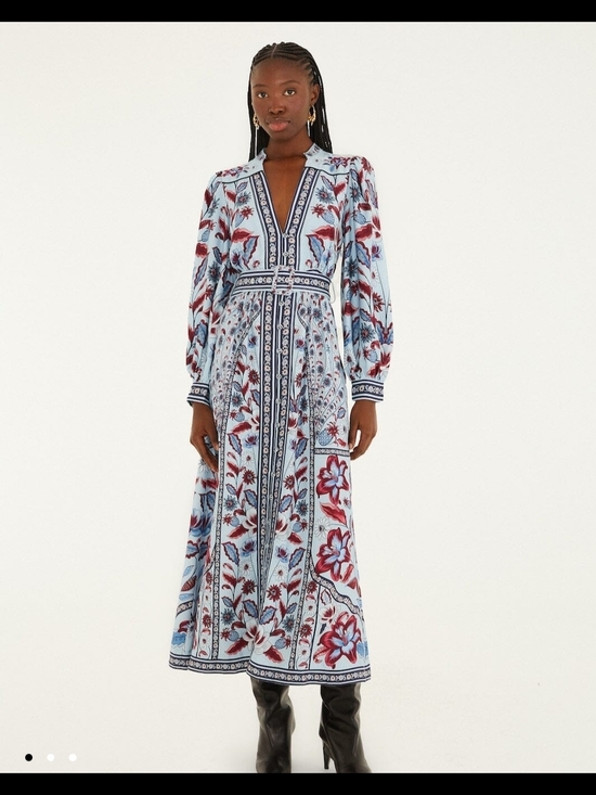 FARM Rio Dresses & Skirts - FARM Rio Powder Blue and Burgundy Floral Long-Sleeve Midi Dress